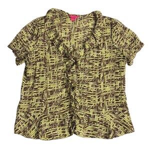 Sunny Leigh Top Womens Large Brown Green Dot Ruffle Button Up Retro Semi Sheer